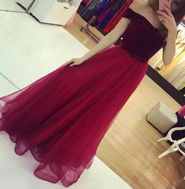 Tulle Skirt Long Formal Dress With Velvet Off Shoulder Party Dress, Prom Gowns, Party Dresses 2018