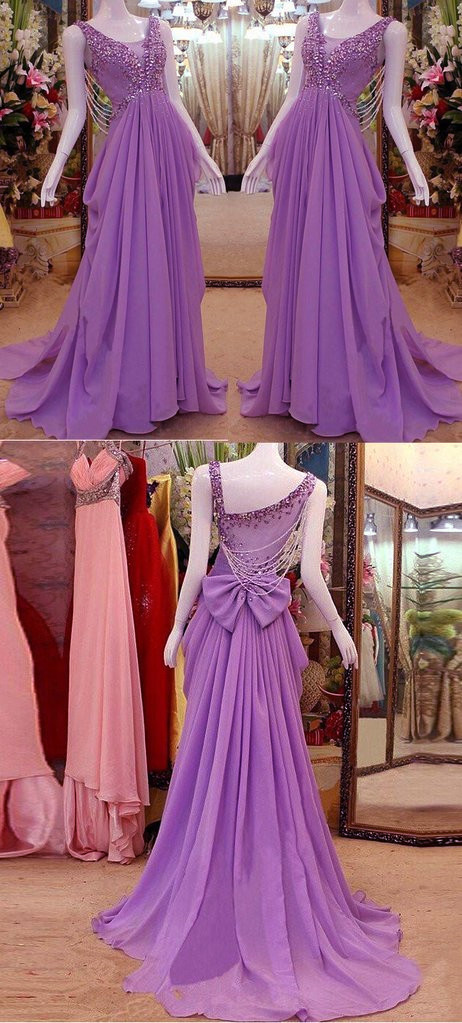 Purple Chiffon Gorgeous Long Formal Gown With Beadings And Bow, Charming Party Gowns, Prom Dresses