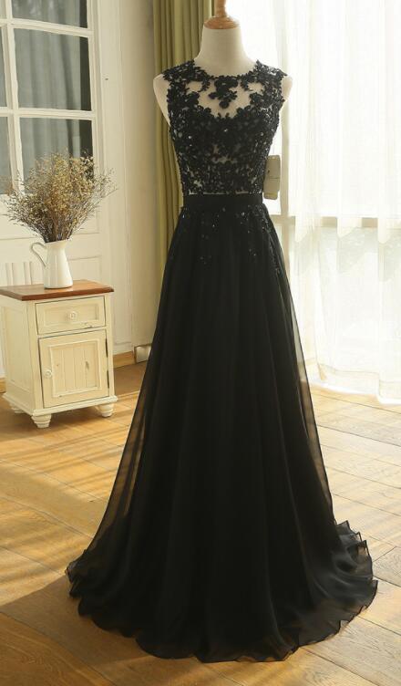 Black Chiffon Lace Applique Lovely Long Prom Dress 2018, Black Evening Dresses, Black Party Dresses