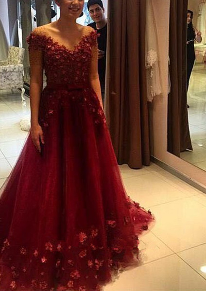 Lovely Wine Red Tulle Floor Length Party Dress, A-line Formal Dress, Evening Gowns