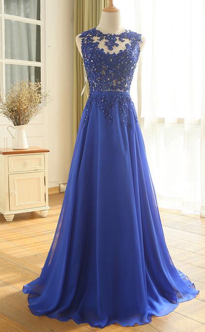 Royal Blue Chiffon Applique Charming Party Dresses, Floor Length Formal Dress, Prom Dress For