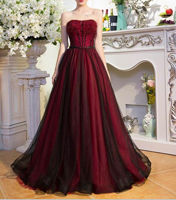 Dark Red And Black Tulle Beaded Long Party Dress, Prom Dress 2018, Formal Dress, Formal Gowns