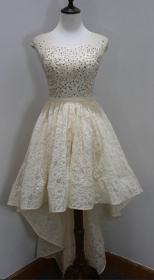 Light Champagne High Low Lace Lovely Party Dress, Charming Formal Gowns, Homecoming Dresses