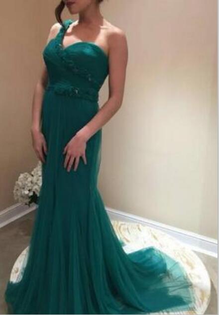 Hunter Green One Shoulder Mermaid Long Tulle Formal Dress, Prom Dress 2018, Evening Dresses
