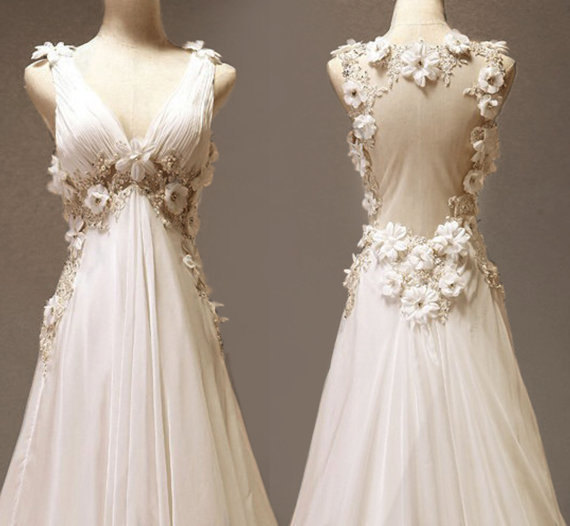 Simple Floral Long V--neckline Chiffon Elegant Party Dress, Pretty Formal Dress, Bridal Dresses