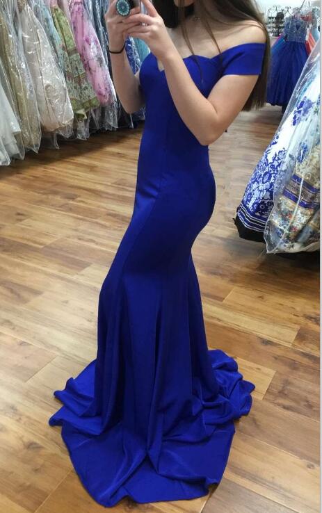 Royal Blue Satin Stylish Prom Dress, Mermaid Long Party Dress, Elegant Off Shoulder Evening Gowns