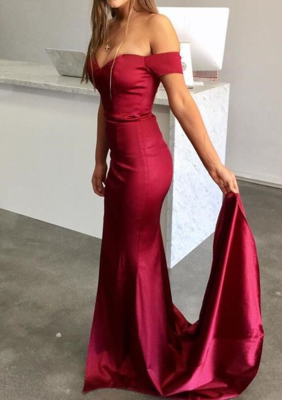 Dark Red Long Prom Dress, Off Shoulder Sexy Party Dress, Mermaid Evening Gowns