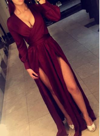 Dark Red Slit Long Sleeves Evening Dress, Pretty Formal Dress, Burgundy Gowns