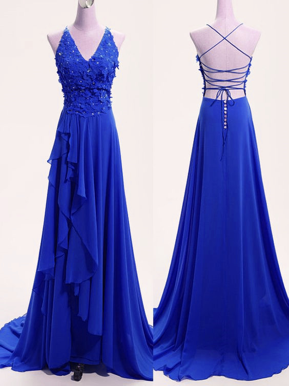 High Quality Blue Chiffon V-neckline Party Dress, Blue Formal Dress, Party Dress 2018
