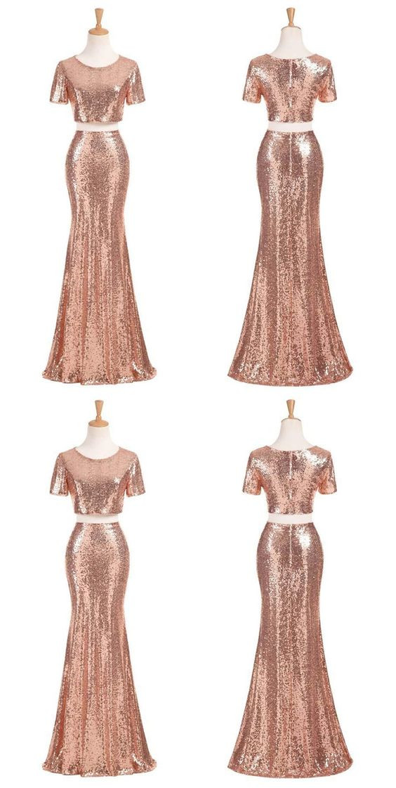 Gold Sequins Two Piece Mermaid Long Prom Dress, Prom Dress 2018,short Sleeves Party Dress