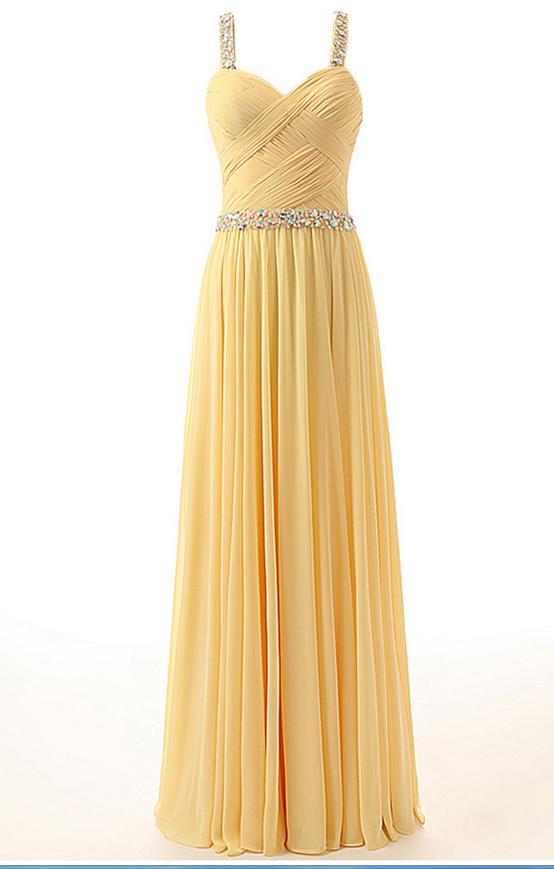Pretty Yellow Chiffon Long Sequins Party Dress, Straps Sweetheart Formal Dress, Party Dress