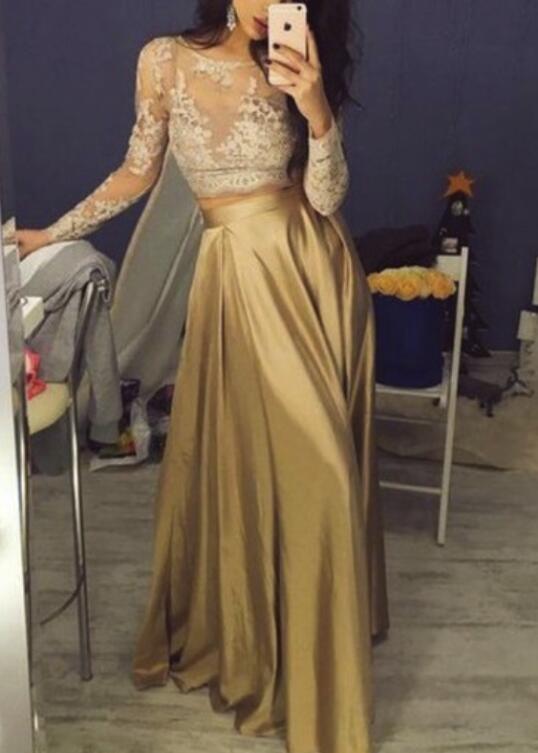 Gold Long Party Dress, Long Sleeves Party Dresses, Formal Dresses 2018