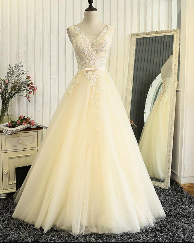Lovely Light Champagne Tulle Long Lace Prom Dress 2018, Beautiful Party Gowns, Formal Dress 2018