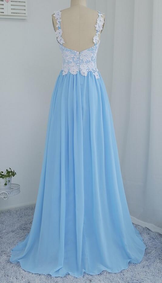 Blue Chiffon And Lace Long Party Dresses, Pretty Prom Dresses, Junior ...