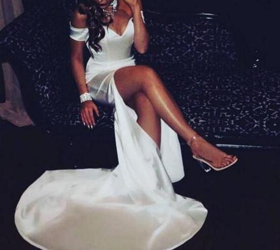 White Sexy Satin Slit Long Evening Dress, Off Shoulder Party Dress, White Prom Dress