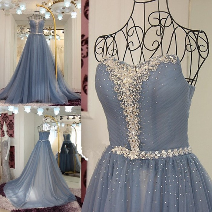 Charming Long Strapless Prom Dress, Beaded Prom Dress, Tulle Formal Dress, Evening Gowns