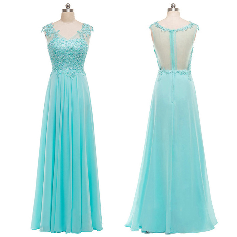 Beautiful Long Lace Appliqué A-line Chiffon Long Prom Dress With Sheer Back, Evening Gowns
