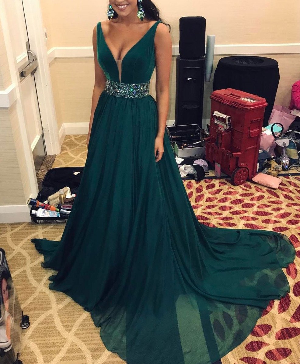 Velvet And Chiffon Prom Dress With Beaded Waistband,sleeveless Prom Dress,prom Gowns 2018
