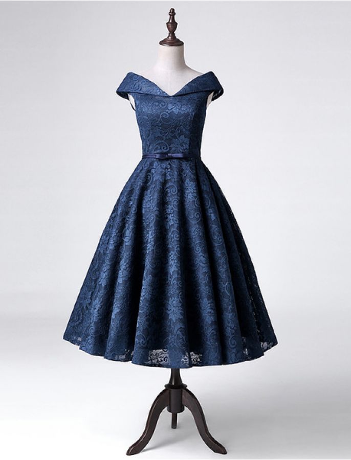 Beautiful Navy Blue Tea Length Lace Bridesmaid Dresses, Charming Party Dresses, Homecoming Dresses