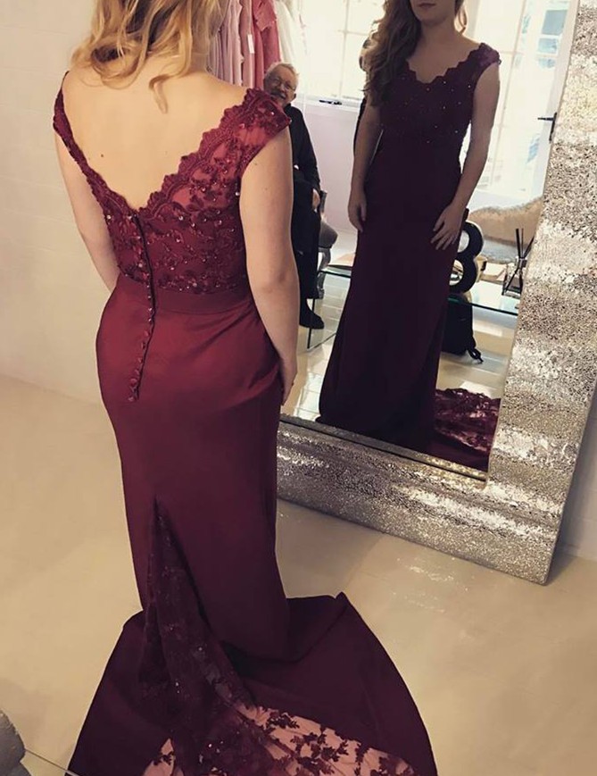 Maroon Mermaid Prom Dress With Sweep Train,lace Appliqued Party Dress 2k18, Formal Dresses