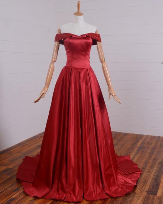 Red Off Shoulder Satin Long Beaded Formal Gowns, Red Party Dress, Formal Dresses