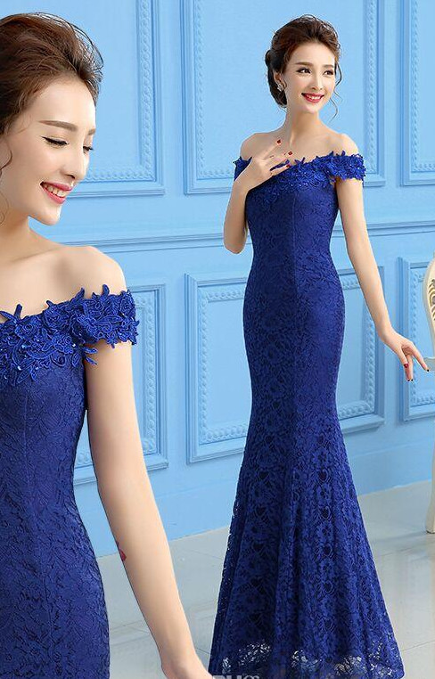 Royal Blue Lace Mermaid Off Shoulder Long Party Dress, Blue Party Gowns, Formal Dress 2k18