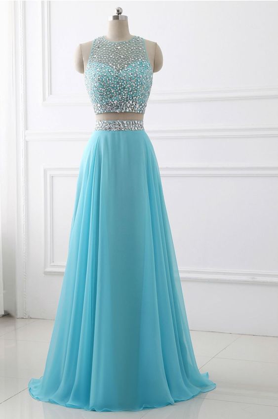 Blue Two Piece Chiffon Beaded Sparkle Long Prom Dress, Two