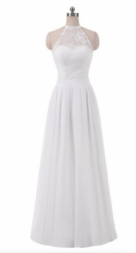 Simple Chiffon And Lace White Halter Elegant Formal Dress, Women Formal Dress, Halter Party Gowns