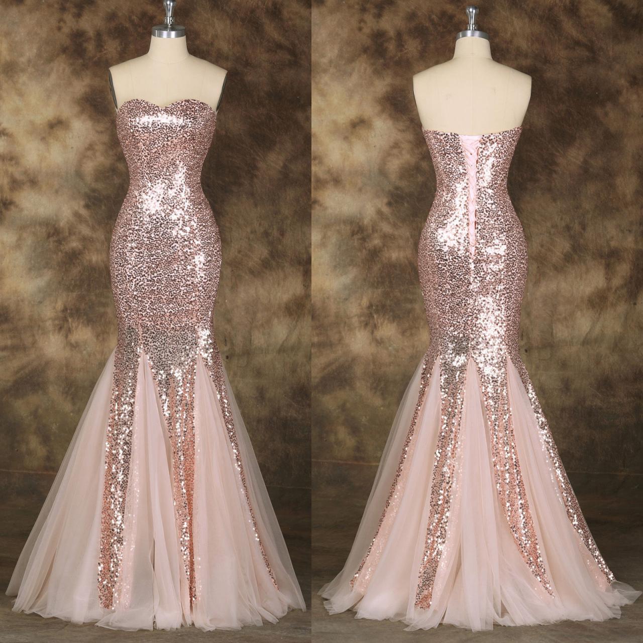 Sequins Mermaid Lace-up Formal Gowns, Pink Prom Dresses, Formal Dresses