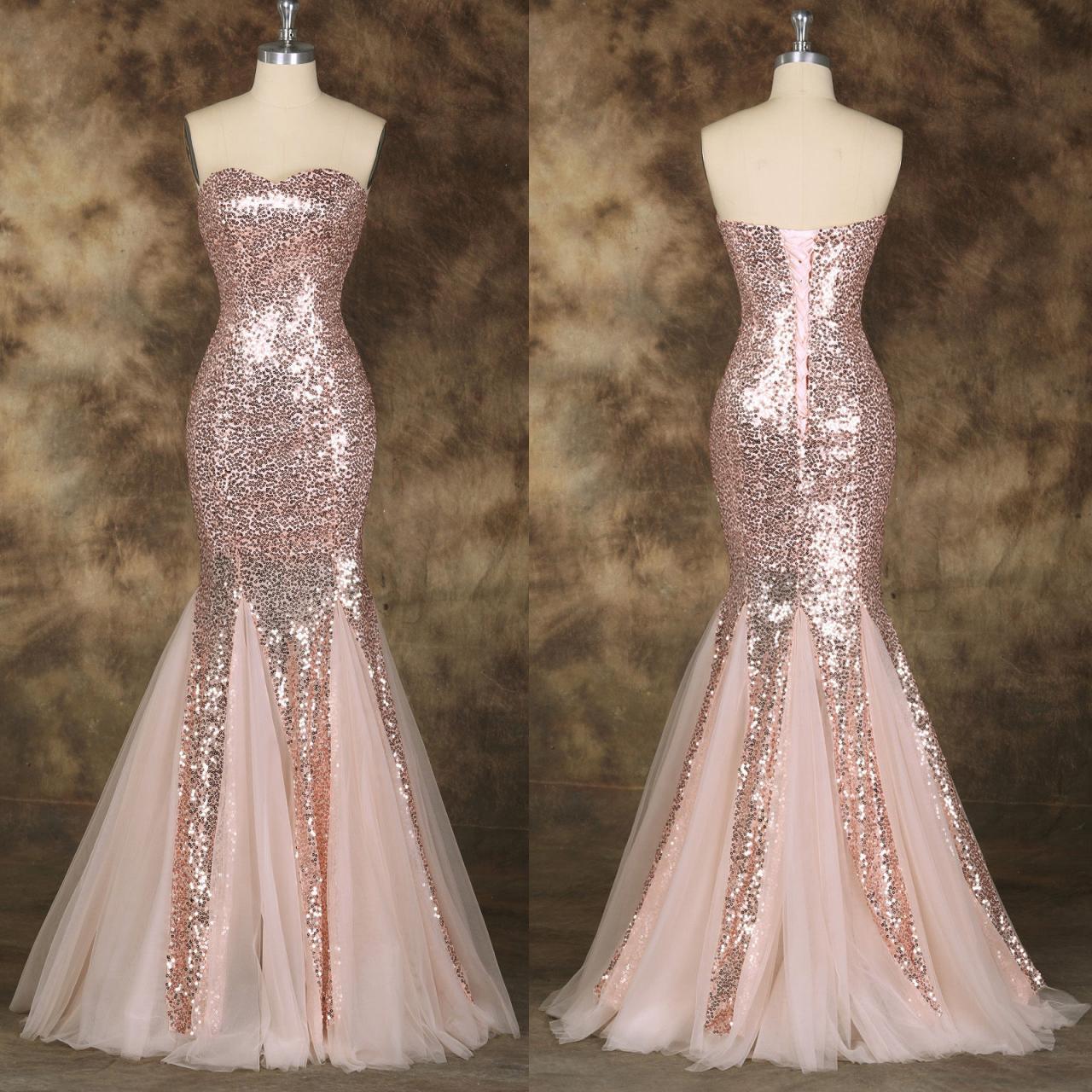 Sequins Mermaid Laceup Formal Gowns, Pink Prom Dresses, Formal Dresses