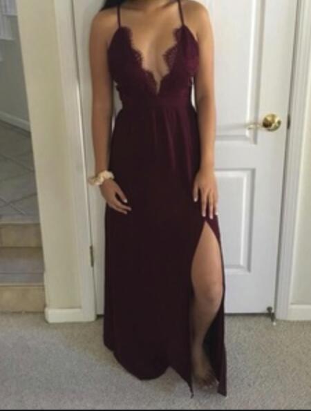 Maroon Slit Chiffon With Lace Straps Party Dress, Sexy Formal Dress, Maroon Formal Gowns