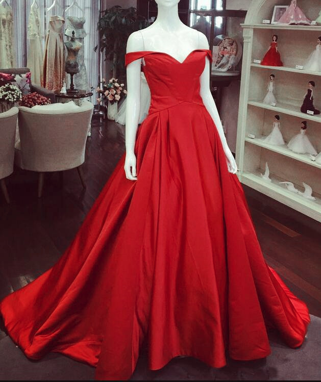 Red Satin Long Off Shoulder Formal Gowns, Red Party Dress, Formal Dress ...