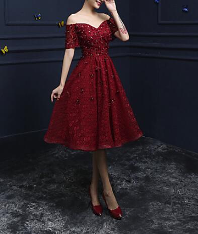 Wreck Mark Ingeniører Dark Red Off Shoulder Short Party Dress, Vintage Formal Dress, Prom Dress  For on Luulla