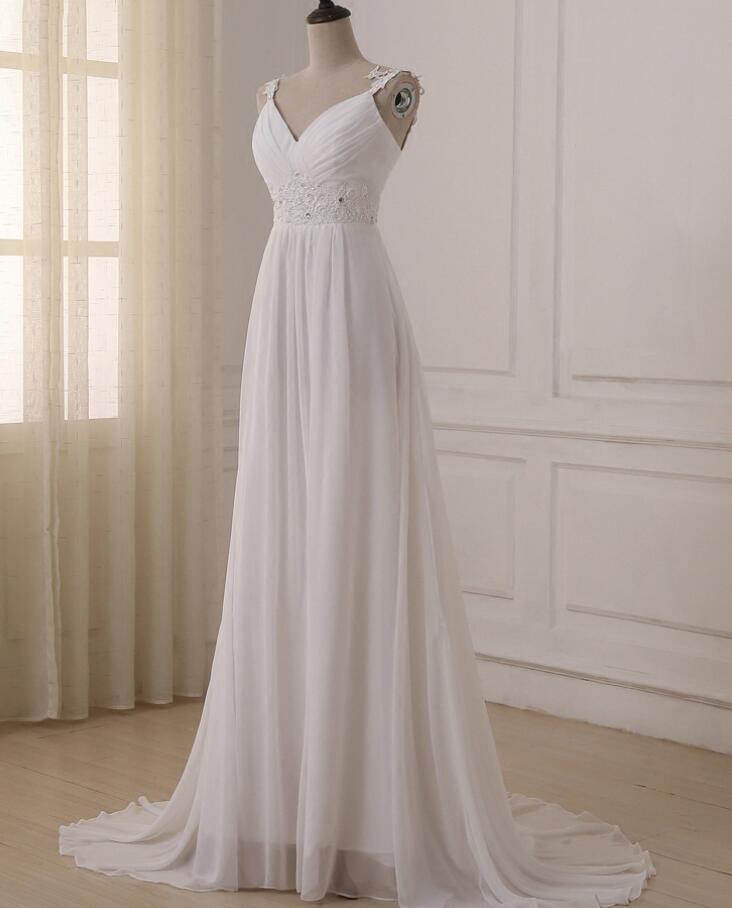 Beautiful White Chiffon Straps Prom Dress,v-neckline Long Party Dress ...