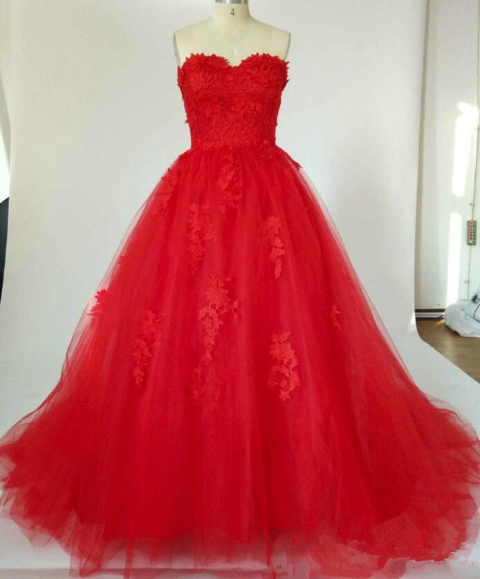 Red Tulle Lace Applique Sweetheart Formal Dress, Prom Gowns 2018, Red Evening Gowns