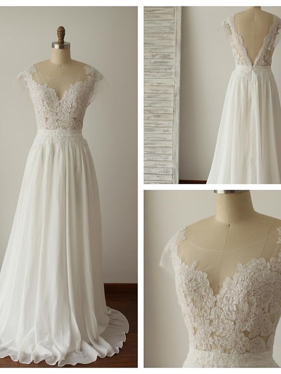 White Chiffon And Lace Beach Wedding Dress 2018, Chiffon Simple Bridal Gown, Prom Dress 2018