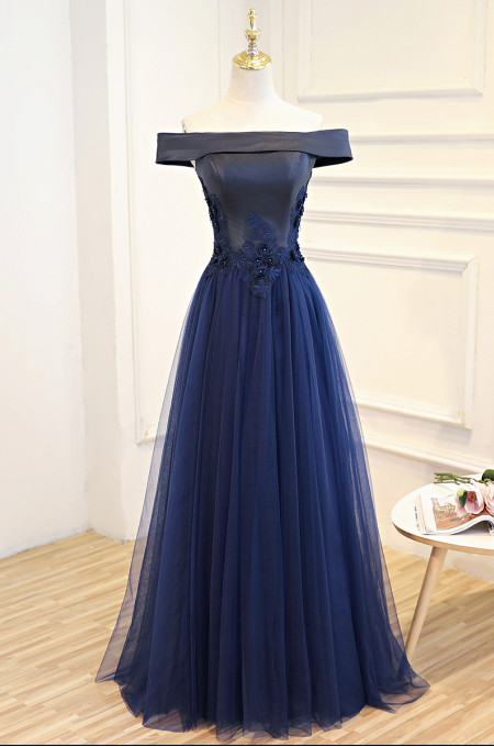 Navy Blue Off Shoulder Satin And Tulle Long Prom Dress, Blue Party Dress, Formal Dress With Floral Lace