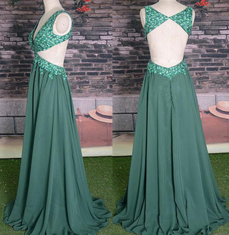 Hunter Green Chiffon Sexy Backless Long Beaded Prom Dress, A-line Party Dress, Prom Dress 2018