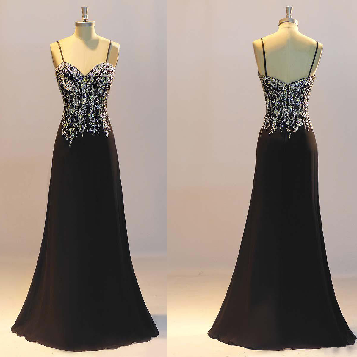 Black A-line Beaded Spaghetti Strap Floor Length Gown, Black Evening Gowns, Elegant Party Dress