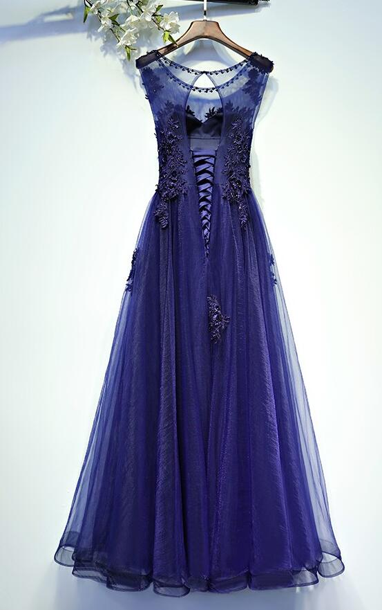 Blue Tulle Elegant Long Formal Gowns, Blue Junior Prom Dress, Pretty