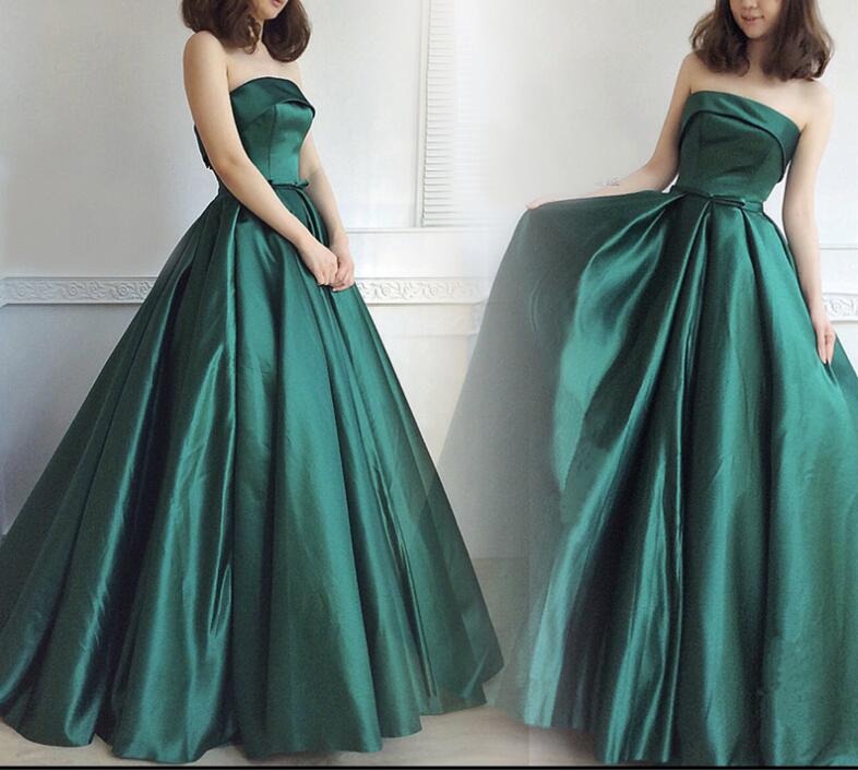 Green Satin Long Party Gowns, Junior Prom Dress, Green Party Dress 2018