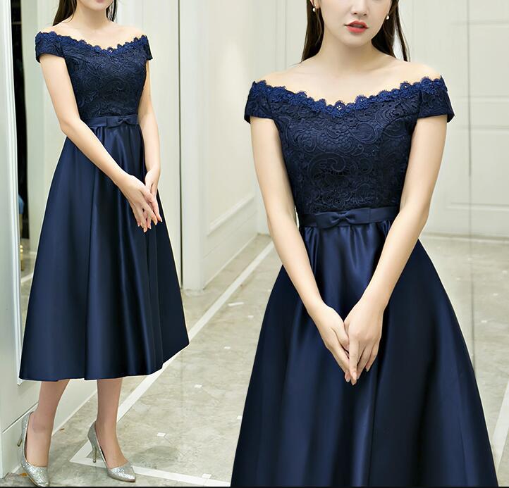 tea length navy blue bridesmaid dresses