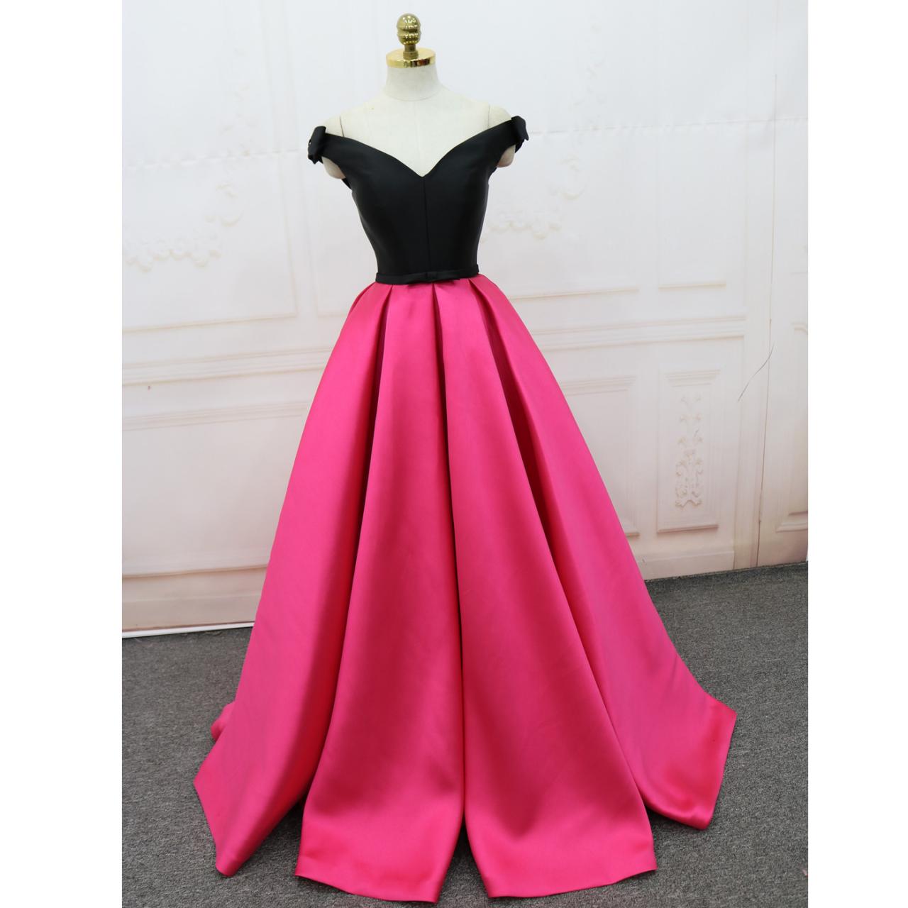 Fuchsia And Black Satin A-line Party Dress, Beautiful Formal Gowns, Prom Dress 2018