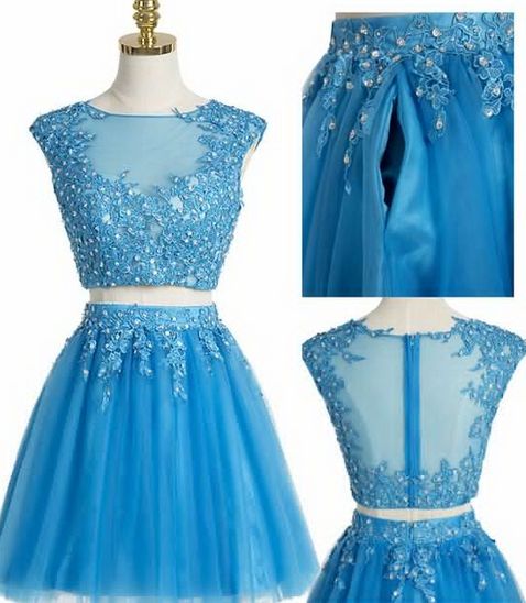 Blue Lace Applique Two Piece Homecoming Dress, Lovely Teen Formal Dress, Party Dress 2018