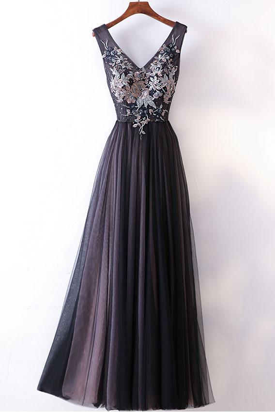 Charming Tulle Black Party Dress, Elegant Prom Gowns, Floral Junior Prom Dresses