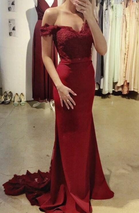 Beautiful Wine Red Off Shoulder Mermaid Gowns, Burgundy Party Dress, Prom Dress 2018