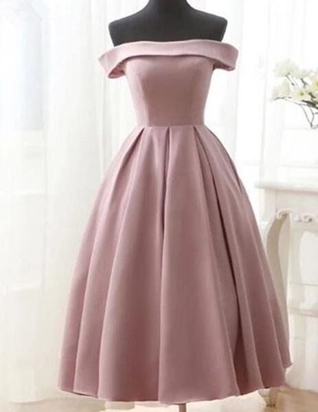 Dark Pink Tea Length Off Shoulder Satin Party Dress, Wedding Party Dress, Woman Formal Dress 2018