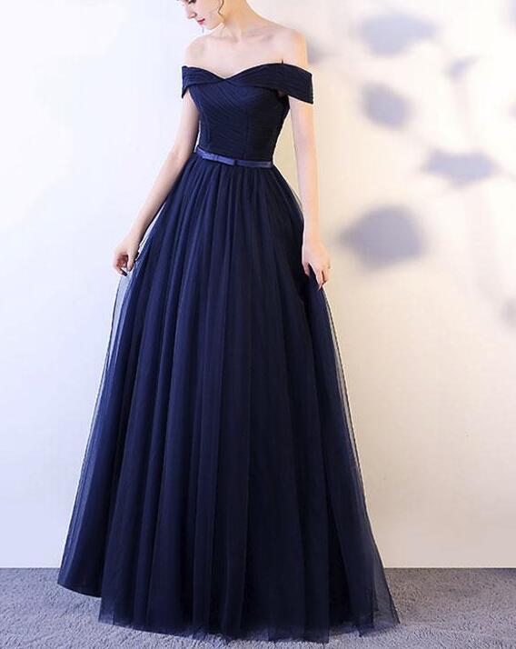 Beautiful Navy Blue Long Party Dress, Off Shoulder Elegant Dress, Long Formal Dress 2018