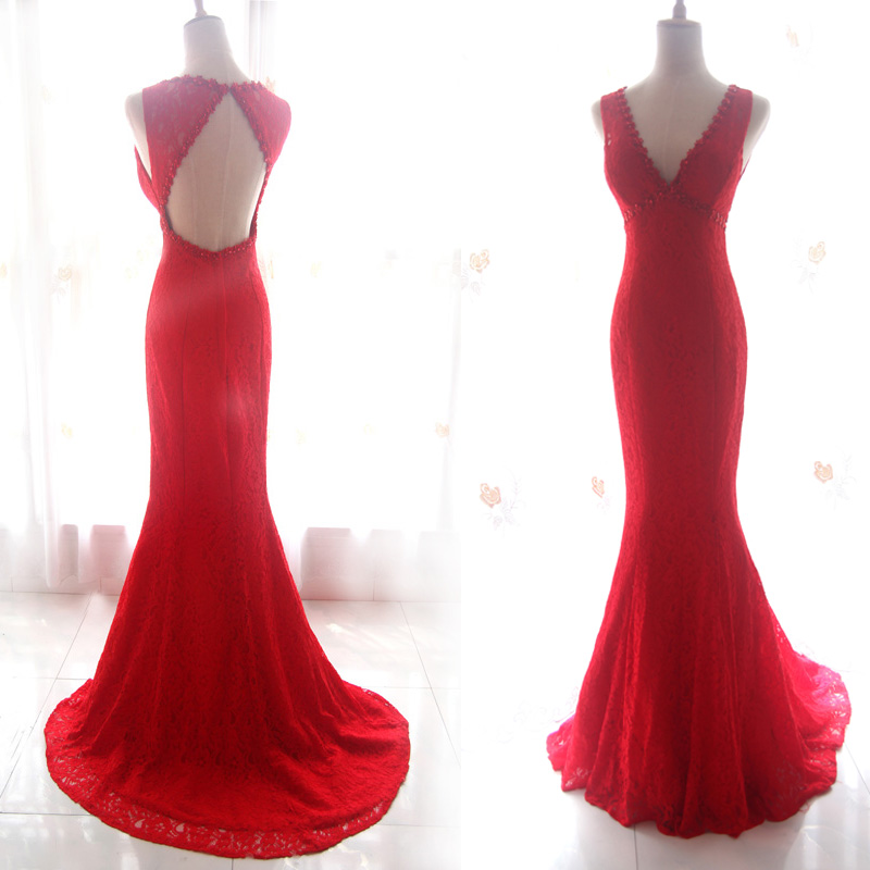 Beautiful Red Lace Sexy Wedding Party Dress, Red Party Gowns, Red Formal Dress