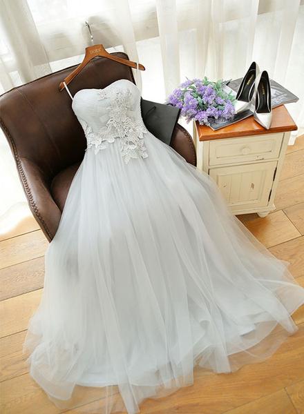 Beautiful Light Grey Tulle Long Sweetheart Party Dresses, Prom Gowns, Wedding Party Dress